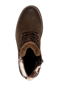 Bottines en cuir marron avec doublure en fausse fourrure, design à lacets et bordure en textile imprimé autour de la cheville. Surface texturée, semelle en caoutchouc.