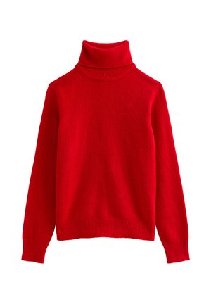 Suéter de cuello alto rojo, tejido, con cuello y dobladillo acanalados. Presenta mangas largas y una textura suave, adecuado para usar en capas o como prenda independiente.