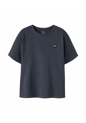 Dark gray short-sleeve crew neck t-shirt with small black and white circular logo on left chest.