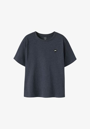 Dark gray short-sleeve crew neck t-shirt with small black and white circular logo on left chest.