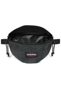 Černá tkaninová taštička v kulatém tvaru, se zipovým uzávěrem a nášivkou loga Eastpak. Vnitřek je podšitý hladkým, tmavým materiálem.