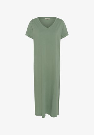 Light green short-sleeve midi dress with V-neck and rolled cuffs, made from soft, lightweight fabric.