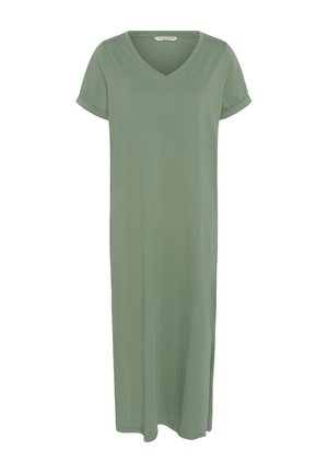 Hellgrünes Midi-Kleid mit kurzen Ärmeln, V-Ausschnitt und umgekrempelten Ärmelbündchen, aus weichem, leichtem Stoff gefertigt.