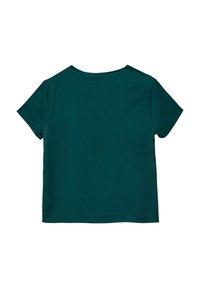 Maglietta a maniche corte in teal con colletto tondo, texture liscia e design semplice, senza motivi né dettagli.