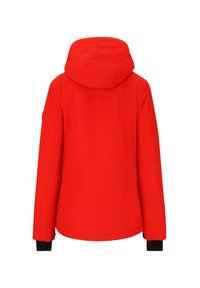 Rote isolierte Jacke mit Kapuze, versehen mit schwarzen Bundabschlüssen. Das Design ist schlank gehalten, mit glatter Textur und ohne sichtbare Muster oder Beschläge.