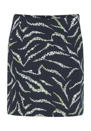 Fustă cu model floral, de culoare albastru închis, cu desene de frunze verzi și albe. Fabricată dintr-un material cu o textură netedă și o formă ajustată.