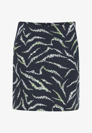 Sötétkék virágos mintás szoknya zöld és fehér levélformájú mintázattal. Simaságával és testhezálló szabásával készült.