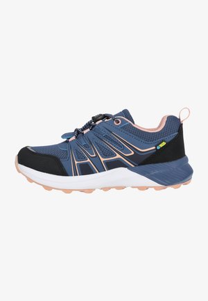 Scarpe da ginnastica blu con tomaia in rete, accenti neri, dettagli rosa, punta rotonda e suola in gomma con motivo. Presentano un sistema di allacciatura rapida.