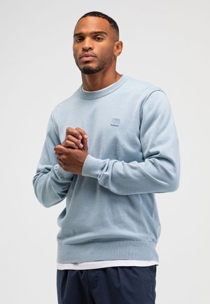 Lichtblauwe katoenen trui met een geribbelde ronde halslijn en manchetten, voorzien van een klein gestructureerd logo op de borst. Zachte, gladde stof.