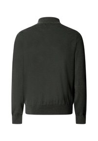 Dunkelgrüner Pullover mit Stehkragen, langen Ärmeln und gerippten Bündchen; hat einen strukturierten Stoff und einen elastischen Saum.