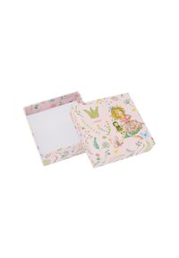 Scatola decorativa rosa con motivi floreali e un design di corona dorata. Con apertura in cima e interno bianco semplice. Adatta per regali o per lo stoccaggio.