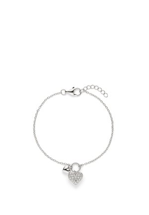 Silbernes Kettenarmband mit zwei herzförmigen Anhängern, einer poliert und einer mit kleinen klaren Kristallen besetzt, mit Karabinerverschluss und Verlängerung.