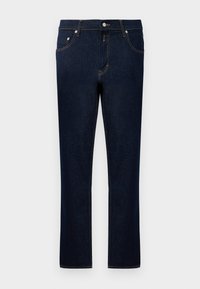Blugi din denim de culoare bleumarin, cu croi drept, având cusături aurii, cinci buzunare și inchidere cu nasture la talie.