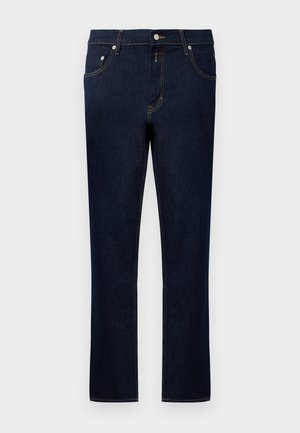 Jeans in denim blu scuro con taglio dritto, caratterizzati da cuciture dorate, cinque tasche e chiusura a bottone in vita.