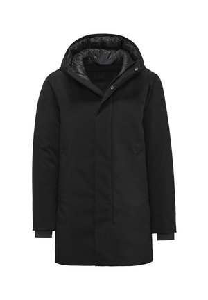 Cappotto imbottito nero con cappuccio, caratterizzato da un esterno liscio, tasche laterali e polsini a costine. Interno foderato con un motivo a contrasto.