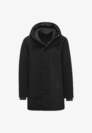 Cappotto imbottito nero con cappuccio, caratterizzato da un esterno liscio, tasche laterali e polsini a costine. Interno foderato con un motivo a contrasto.