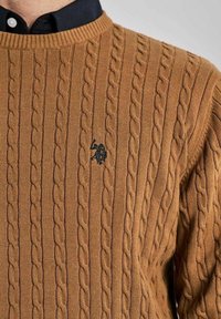 Brun kabelstickad tröja med svart broderad häst- och ryttarsymbol, bärs över en svart skjorta med krage mot en enfärgad bakgrund.