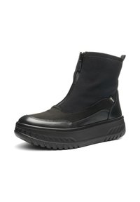 Botas negras hasta el tobillo con una parte superior de cuero y tela suave, cremallera lateral, suela texturizada y un diseño de plataforma gruesa.