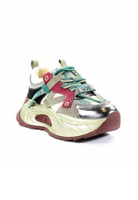 Wielokolorowe sneakersy, wykonane z metalicznych, zamszowych i siateczkowych materiałów. Projekt zawiera grubą podeszwę, różnorodne tekstury oraz unikalne detale sznurowadeł.