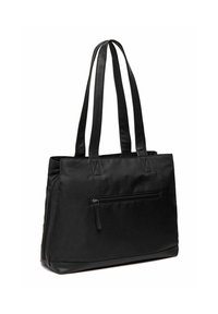 Sac fourre-tout noir avec deux poignées noires, en tissu lisse, doté d'une poche zippée à l'avant et d'une forme rectangulaire structurée.