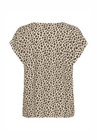T-shirt à manches courtes en tissu léger avec un fond beige présentant un motif léopard noir et marron. Design à coupe décontractée.