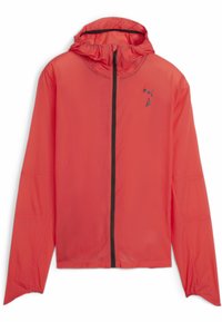 Leichter, kapuzenloser Windbreaker in knalligem Rot, mit einem schwarzen Reißverschluss, langen Ärmeln und einem dezenten Logo auf der Brust.