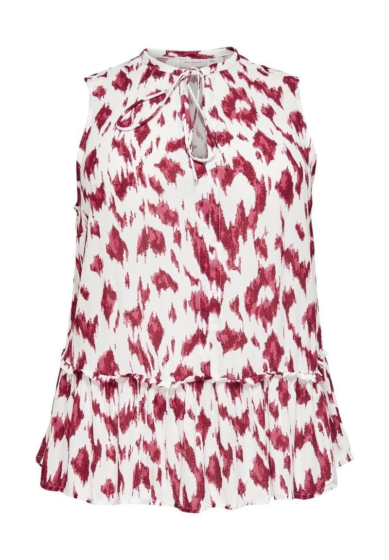 Ärmlös blus i vitt tyg med ett rött abstrakt mönster, med en nyckelhålsringning och en utfläkt, lager-på-lager nederdel.
