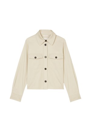 Beige cropped jacket featuring a collar, long sleeves, two front pockets, and black button closures along the front and sleeve cuffs.