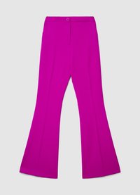 Fuchsiafarbene Schlaghosen mit glatter Textur, versehen mit einem Frontreißverschluss, dezenten Nahtdetails und einem Design mit hoher Taille.