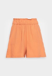 Oranje shorts met een elastische tailleband, gestructureerde stof en plooien. Ze hebben een losse pasvorm en een rechte zoom.