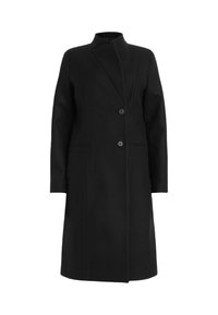 Cappotto nero in misto lana, con colletto alto, design doppiopetto con due bottoni e tasche laterali. Tessuto morbido, lunghezza al ginocchio.
