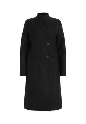 Cappotto nero in misto lana, con colletto alto, design doppiopetto con due bottoni e tasche laterali. Tessuto morbido, lunghezza al ginocchio.