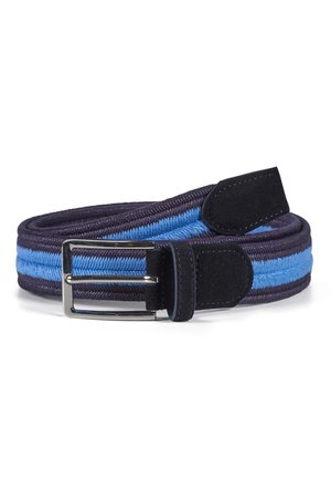 Woven fabric belt in dark blue and light blue stripes, featuring a silver metal buckle and black suede accents on the ends.