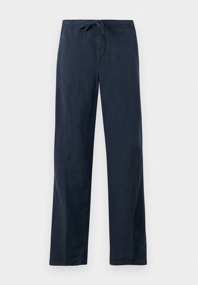 Ναυτικό μπλε παντελόνια lounge από ελαφρύ ύφασμα, με χαλαρή εφαρμογή, ελαστική μέση και κλείσιμο με κορδόνι. Λείος υφασμάτινος χαρακτήρας.