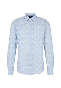 Camicia a maniche lunghe azzurro chiaro con motivo floreale, colletto a camicia e chiusura frontale con bottoni. Il tessuto ha un aspetto liscio e strutturato.