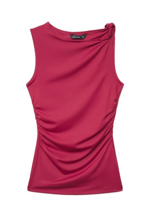 Top aderente senza maniche color magenta con fianchi arricciati e un dettaglio a nodo intrecciato sulla scollatura della spalla destra.