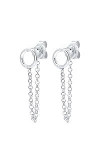 Pendientes de plata con pendientes circulares y cadenas adjuntas, que presentan un acabado pulido y un diseño elegante.