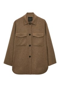 Veste en laine marron à coupe décontractée, fermeture à boutons, deux poches poitrine, et col à revers. Texture douce et ourlet arrondi.