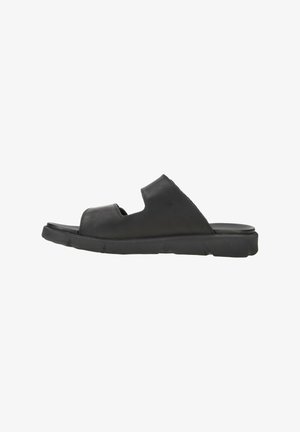 Black leather sandals with a flat sole, open-toe design, and two wide straps across the instep. Textured surface with minimalist accents.