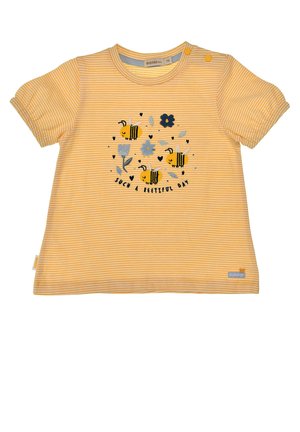 Maglietta a maniche corte per bambini a strisce gialle e bianche con api, fiori, cuori e la scritta "Una giornata così bella" sul davanti.