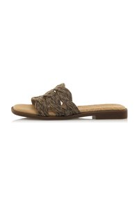 Sandalo piatto con una fascia intrecciata dalla texture metallica in tonalità marroni, dotato di una soletta imbottita e di un design semplice e minimalista.
