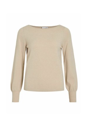 T-shirt beige à manches longues avec un col large, texture douce et détails froncés aux manches. Silhouette simple et ajustée.