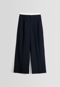 Marineblauwe culottes met een witte elastische tailleband, voorzien van verticale streepdessin, wijde pijpen en een zachte textuur. Geschikt voor zowel casual als formele gelegenheden.