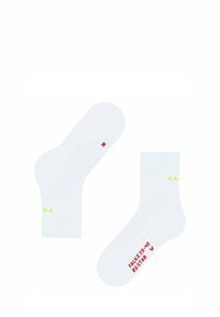 Chaussettes blanches à motifs avec des accents jaunes et rouges vifs, comportant le logo "FALKE" et des indications de taille sur les semelles. Longueur mi-mollet.