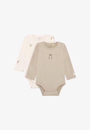 Sæt med to langærmede babybodyer i creme og beige, med print af tøjdyr. Fremstillet af blød bomuld med trykknapper i bunden.