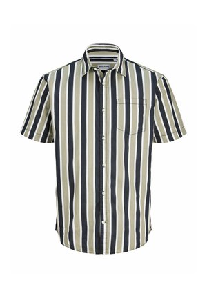 Chemise à manches courtes avec boutons, rayures verticales noires, blanches et beiges, poche poitrine, col rabattu.