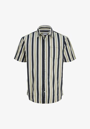 Chemise à manches courtes avec boutons, rayures verticales noires, blanches et beiges, poche poitrine, col rabattu.