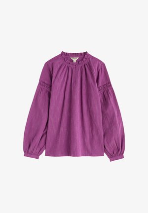Purple striped long-sleeve blouse with gathered neckline and elasticized detail on sleeves, made from a lightweight fabric.