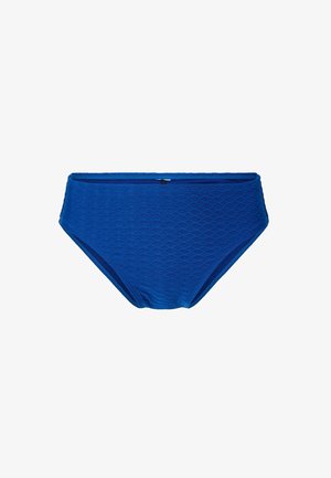 Slip bikini a vita alta in un vibrante blu, con motivo testurizzato a forme geometriche e bordatura solida lungo la linea della vita.