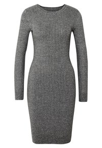 Robe longue à manches longues grise à côtes avec une silhouette ajustée, un col rond et un tissu texturé. L'ourlet atteint le mi-cuisse.